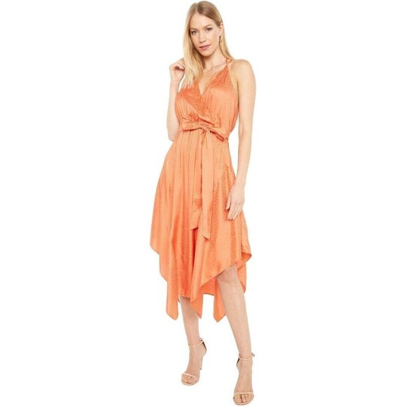 BCBGMAXAZRIA Dotted Satin Handkerchief-hem Midi Dress Papaya Size Medium ($268) - Picture 1 of 14